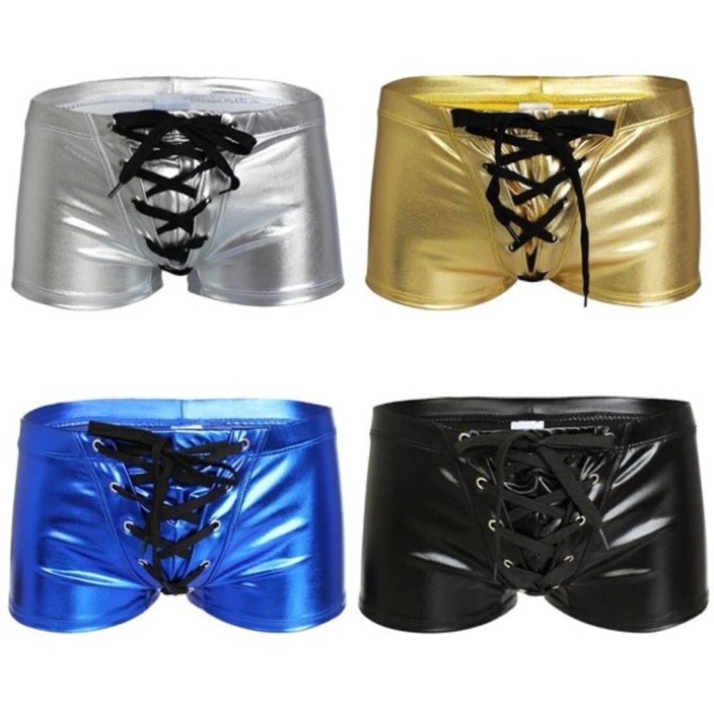 Men Boxer Short Fetish Underwear Shiny Patent Leather Exotic Drawstring